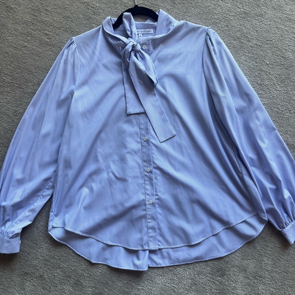 Blue Striped Blouse with Bow Tie